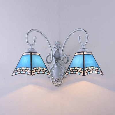 Tapered Bedroom Wall Light Stained Glass 2 Lights Mediterranean Style Sconce Light in Blue