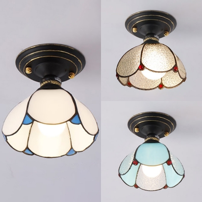 Tiffany Style Dome Flush Light 1 Light White/Blue/Clear Glass Ceiling Lamp for Bathroom