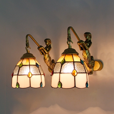 Tiffany Style Dome Wall Light 2 Lights Stained Glass Wall Sconce with Mermaid Decoration for Cafe
