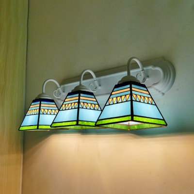 Trapezoid Restaurant Wall Light Stained Glass 3 Lights Tiffany Style Wall Sconce in Blue/Orange/Pink