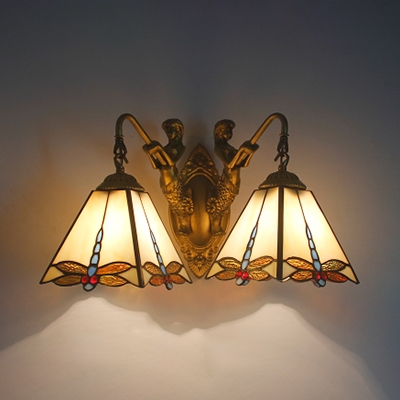 Vintage Style Wall Sconce Dragonfly 2 Lights Stained Glass Sconce Light with Mermaid for Cafe Bar
