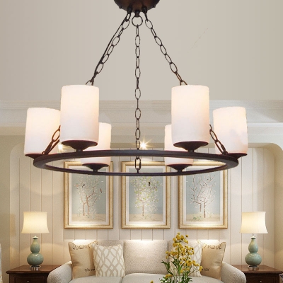 3/6 Lights Ring Chandelier Light Vintage Style Metal and Frost Glass Pendant Lighting in Black