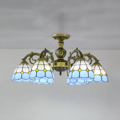 Aged Brass/White Cone Semi Flush Light 6 Lights Antique Style Stained Glass Ceiling Lamp for Hotel