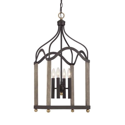 Antique Style Black Chandelier Candle Shape 4 Lights Metal and Wood Pendant Lamp for Dining Room