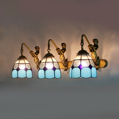 Antique Style Dome Wall Light with Mermaid Stained Glass 3 Lights Sconce Lamp for Restaurant