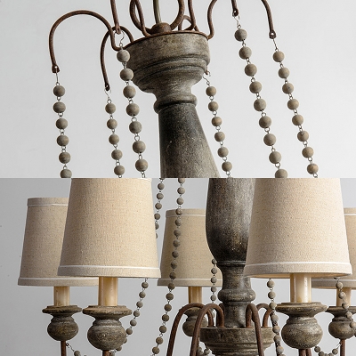 Antique Style Tapered Shade Pendant Light Wood and Fabric 6 Lights Chandelier Light for Living Room