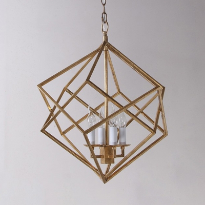 Candle Shape Dining Room Chandelier with Metal Cage 4 Lights Vintage Style Ceiling Light in Gold