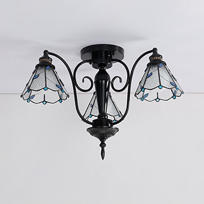 Cone Dining Room Ceiling Lamp Glass 3 Lights Rustic Style Blue/Clear Semi Flush Mount Light
