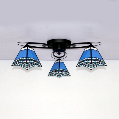 Conical Semi Ceiling Mount Light 3 Lights Tiffany Style Glass Overhead Light for Bedroom