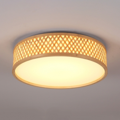 Contemporary Drum Shape Ceiling Light Wood and Acrylic Flush Ceiling Light for Dining Room