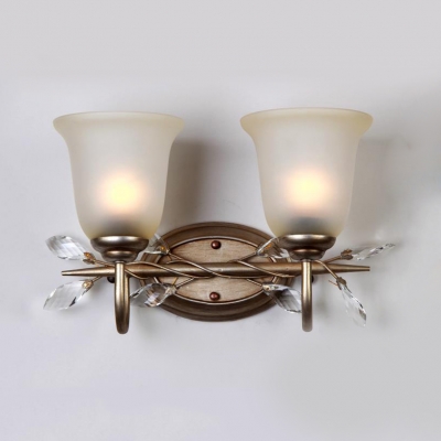 Country Style Bell Sconce Light Metal 1/2/3 Lights Wall Lamp with Crystal Leaf for Living Room