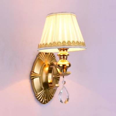 Fabric and Metal Sconce Light with Crystal Decoration 1/2 Lights Vintage White Tapered Shade Sconce Lamp for Bedroom