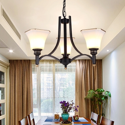 Frosted Glass Bell Shade Chandelier Bedroom 3/6 Lights Simple Style Hanging Light in Black