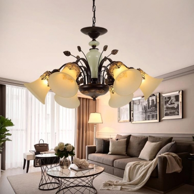 Frosted Glass Metal Chandelier Living Room 3/5/6/8 Lights Rustic Style Bell Shade Hanging Light with Fake Leaf Decoration