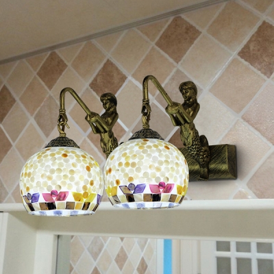 Glass Bell Globe Sconce Light 2 Lights Traditional Wall Lamp with Mermaid for Bathroom