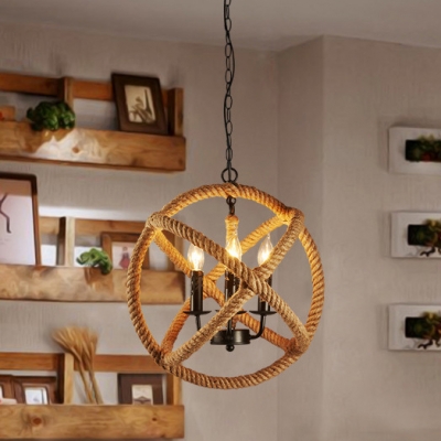 Globe Shape Dining Room Pendant Lighting Rope and Metal 3 Lights Traditional Chandelier in Beige