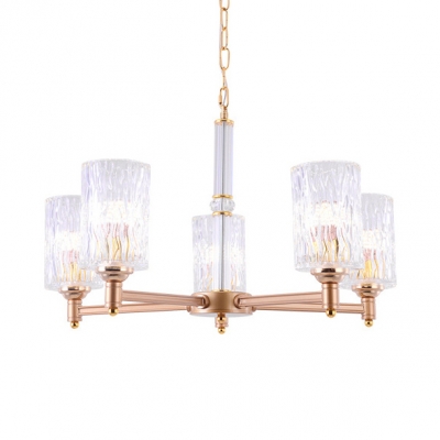 Gold Cylinder Shade Pendant Light 5/6/8 Lights Elegant Hammered Glass Chandelier for Bedroom