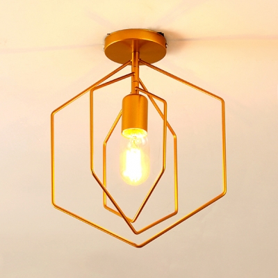 Gold Hexagon Frame Semi Flush 1 Light Modern Metal Ceiling Light for Enter Corridor