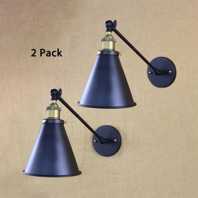 Pack of 2 Black Cone Wall Light 1 Light Vintage Style Metal Adjustable Wall Sconce for Kitchen Bar