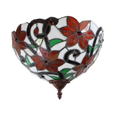 Red Flower Pattern Sconce Wall Lamp 1 Light Stain Glass Tiffany Style Rustic Sconce Light for Bedroom