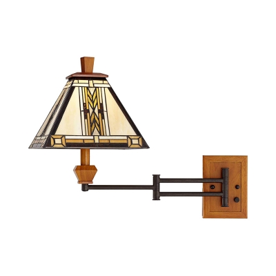 Colorful Shade Sconce Light 1 Light Tiffany Style Vintage Stained Glass Wood Swing Arm Wall Lamp for Bedroom