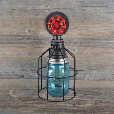 Industrial Sconce Light with Wire Cage Single Light Metal and Clear/Blue Glass Wall Lamp for Restaurant