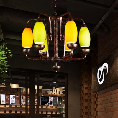 Metal and Glass Curved Chandelier 6 Lights Industrial Hanging Light in Bronze for Living Room