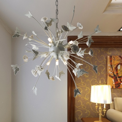 Modern Plant Shape Chandelier Light 6 Lights Metal Hanging Light in White for Living Room Foyer