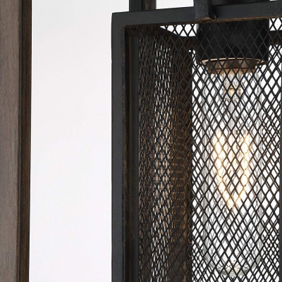 Rectangle Hanging Light with Wooden Frame and Mesh Cage 1 Light Lodge Pendant Lighting in Black