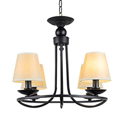 Restaurant Hotel Tapered Shade Chandelier Metal Fabric 4/6 Lights Rustic Style Black Suspension Light