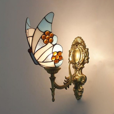 Stained Glass Butterfly Sconce Light Bedroom Foyer One Light Tiffany Style Vintage Wall Lamp
