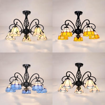 Stained Glass Cone Semi Flush Mount Light 5 Lights Tiffany Style Ceiling Lamp in White/Blue/Yellow/Beige