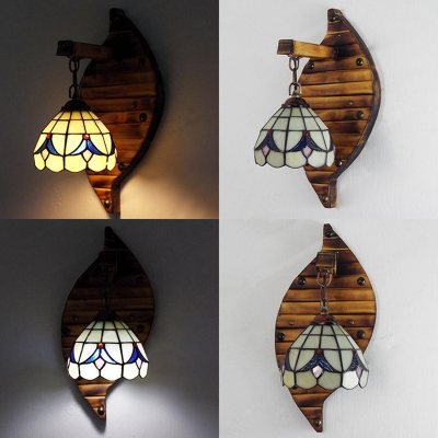 Tiffany Down Lighting Wall Lamp 1 Light Glass and Wood Hand Made Sconce Light for Bedroom