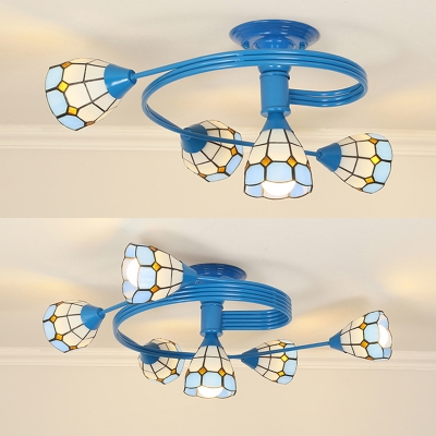 Tiffany Style Cone Semi Flush Mount Light 4/6 Lights Stained Glass Light Fixture for Bedroom