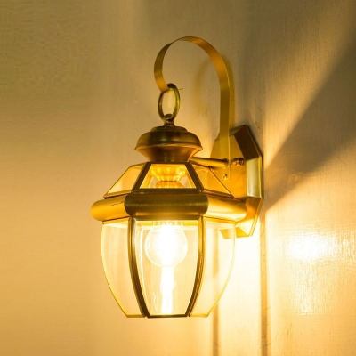 Vintage Style Brass Hanging Wall Light with Lantern Shade 1 Light Metal and Clear Glass Sconce Light for Hallway