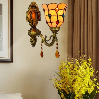 1 Light Bell Wall Sconce Tiffany Style Antique Glass Sconce Light with Jewelry Crystal for Hotel