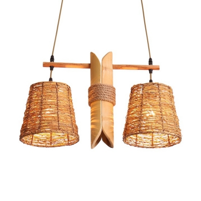 2-Light Tapered Drum Island Pendant Country Style Rattan Chandelier in Wood for Bar Restaurant
