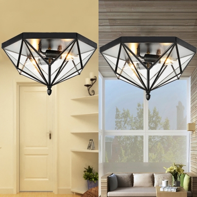 2 Lights Geometric Flush Light with Clear Glass Panel Industrial Ceiling Lighting Fixture in Black