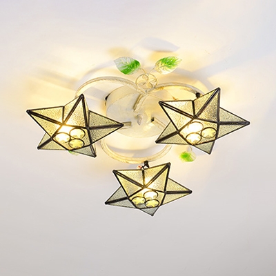 3 Heads Star Flush Mount Light Mediterranean Style Glass Ceiling Lamp for Living Room