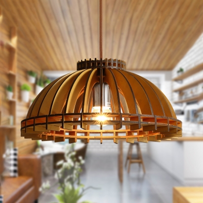 Single Light Domed Shape Ceiling Light Foyer Antique Style Bamboo Pendant Lighting in Beige