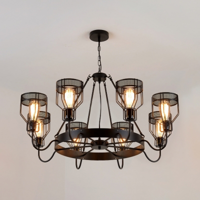 6 Lights/8 Lights Caged Ceiling Pendant Rustic Metal Chandelier Lighting with Hanging Chain in Black