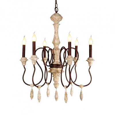 6 Lights Candle Shape Chandelier Light Rustic Style Metal And Wood