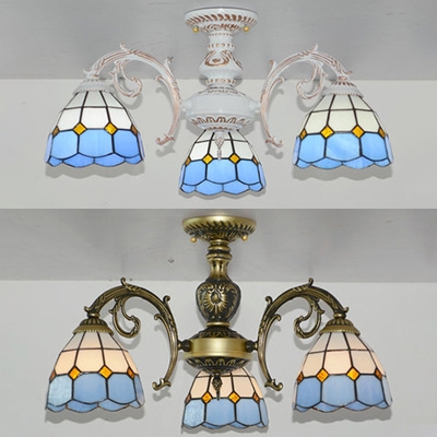 Antique Style Aged Brass/White Ceiling Lamp Cone 3 Lights Stained Glass Flush Light for Shop
