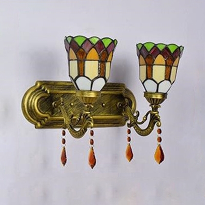 Bell Bedroom Sconce Light Stained Glass 2 Lights Tiffany Style Rustic Wall Light with Crystal