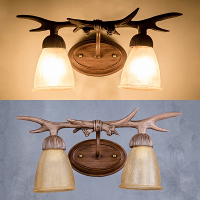 Bell Shade and Antlers Decoration Sconce Resin and Glass 2 Lights Vintage Style Wall Light for Bedroom