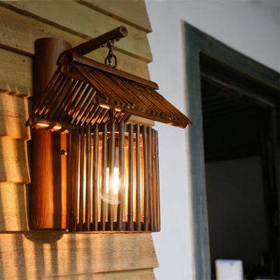 Bronze/Wood House Shape Sconce Wall Light Single Light Vintage Style Bamboo Wall Light for Dining Room