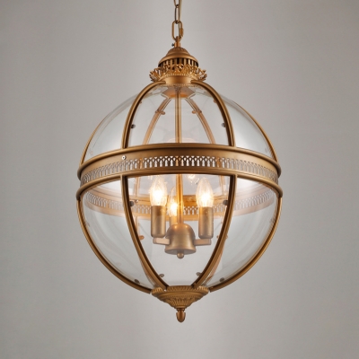 Candle Pendant Lamp with Glass Shade 3 Lights Antique Style Metal Chandelier for Living Room