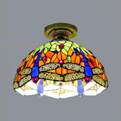 Dining Room Bowl Flush Mount Light Stained Glass 1 Light Rustic Style Ceiling Light
