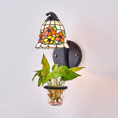 Down Lighting Wall Lamp 1 Light Tiffany Stained Glass Wall Light with Plant Decoration for Bedroom
