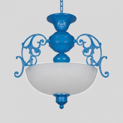 Frosted Glass Domed Pendant Light Bedroom 3 Lights Traditional Chandelier in Blue/Pink